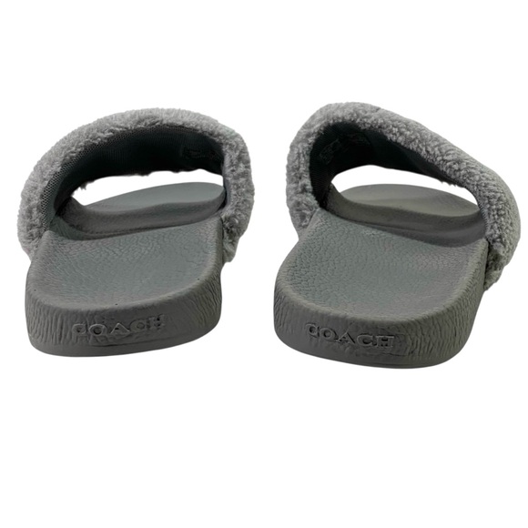 Coach Uli Sport Slides Plush Fuzzy Faux Shearling Gray Logo Spellout Size 10 - Picture 4 of 8